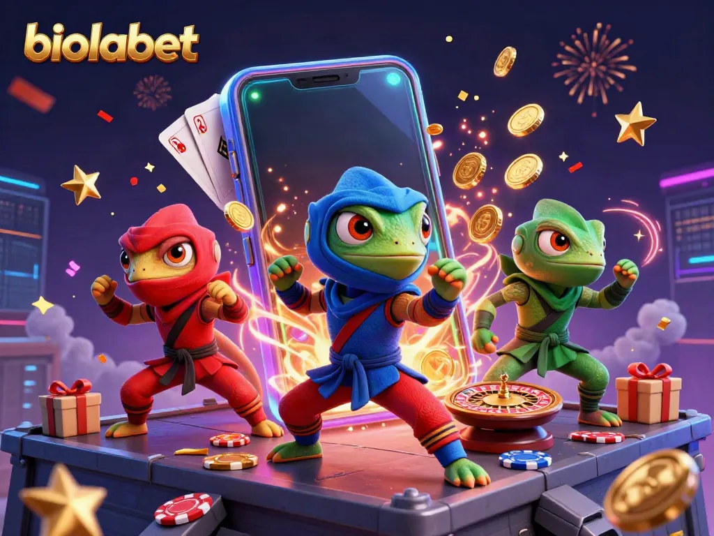 Engage in slot gaming excitement with biolabet's ninja chameleons, celebrating casino wins.