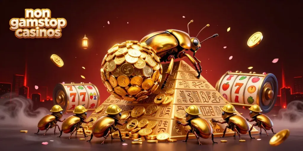 Engage with non gamstop casinos featuring vibrant golden beetles rolling coin treasures in 3D style.