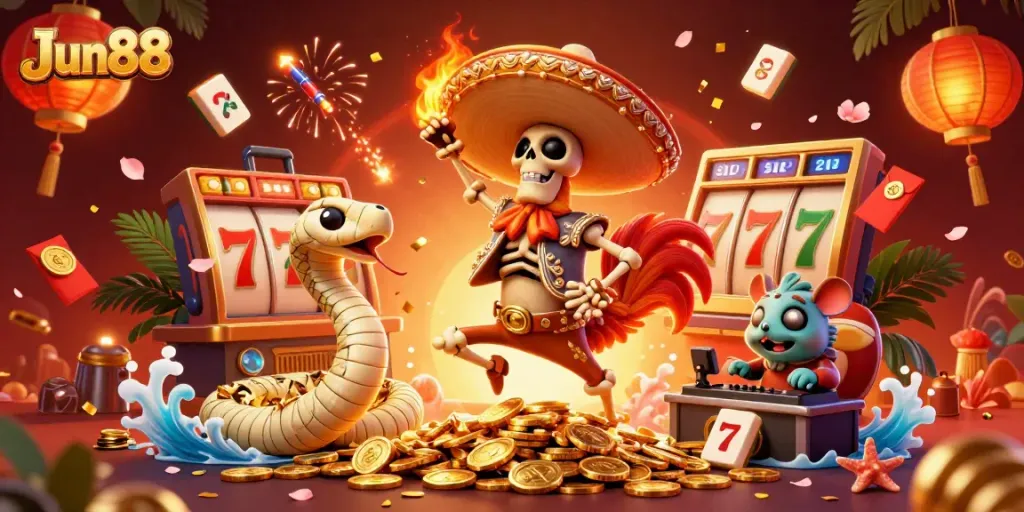 Experience Jun88 thrills with a skeleton rooster celebrating on golden coins, amidst vibrant casino elements.