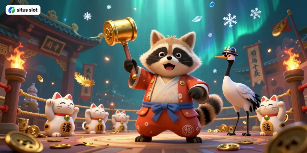Rasakan keseruan bermain situs slot di ilustrasi 3D dengan karakter tanuki dan kucing keberuntungan yang penuh makna.
