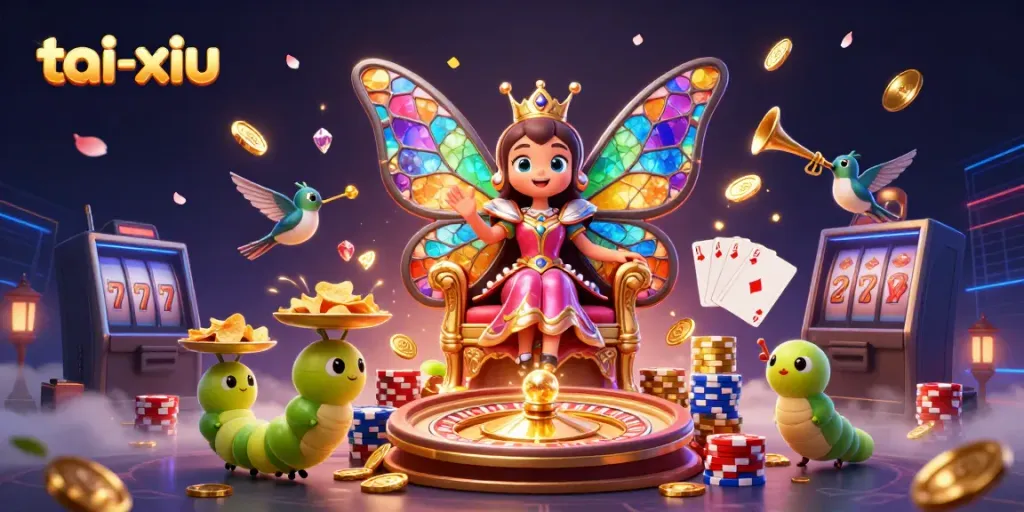 Engage with tai-xiu's vibrant online world featuring a butterfly queen and dazzling casino elements.