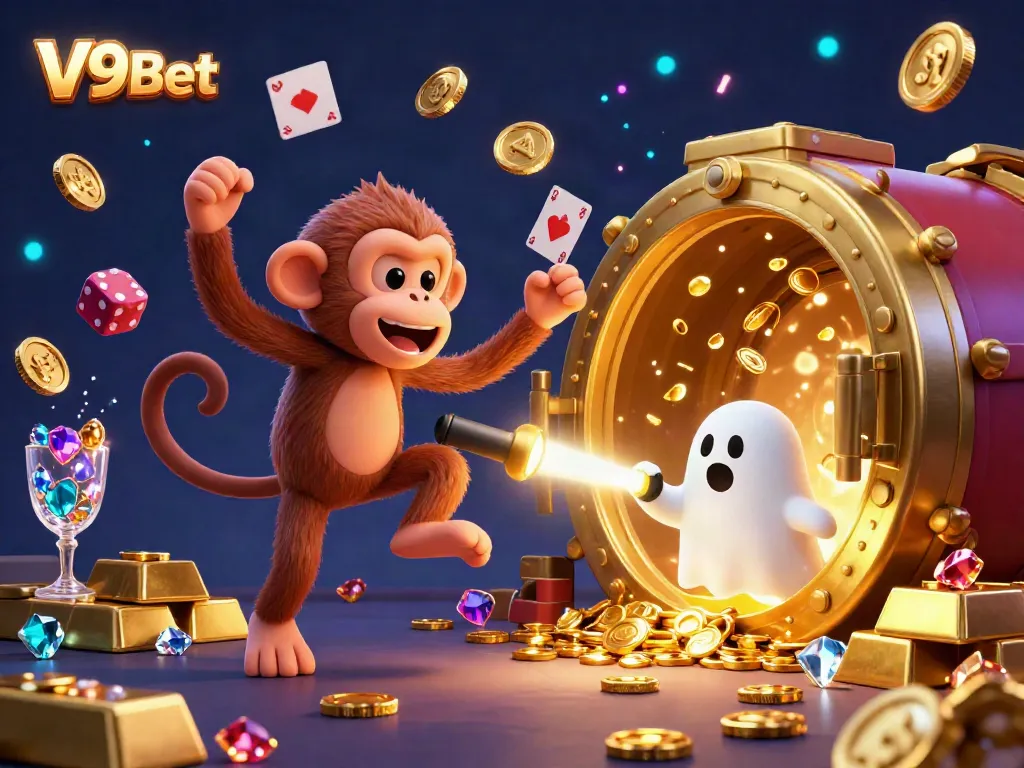 Experience the thrill of V9Bet with our enchanting haunted casino scene featuring a playful ghostly monkey and a ghost-hunter puppy.