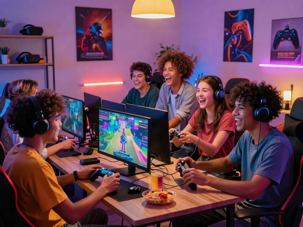 A lively gaming night with friends enjoying various games on kilat404 in a cozy living room.