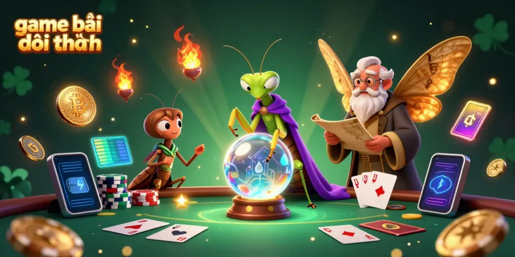 Engage with the dynamic scene of game bài đổi thưởng featuring a fortune teller and poker elements.