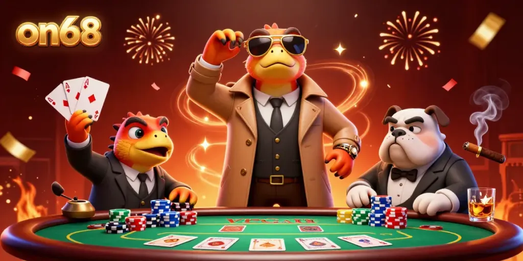 Raptors in a trench coat approaching a VIP lounge at on68 casino, surrounded by poker elements.