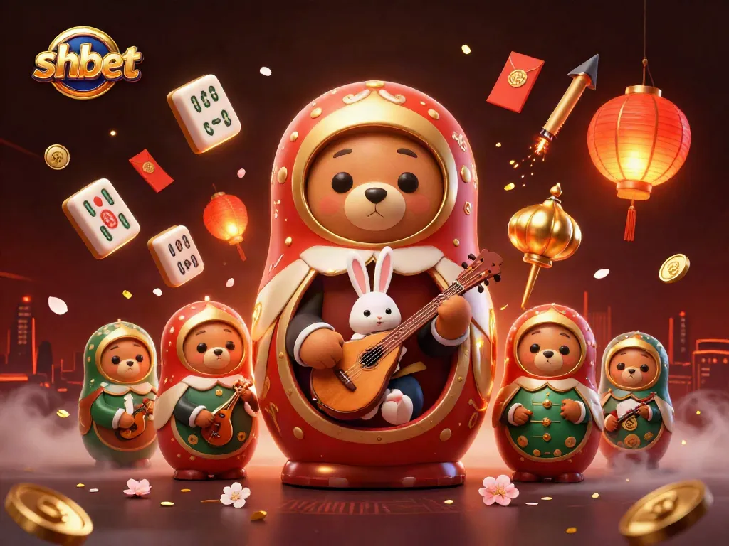 Experience shbet's vibrant casino world with 3D Matryoshka bears and festive elements.