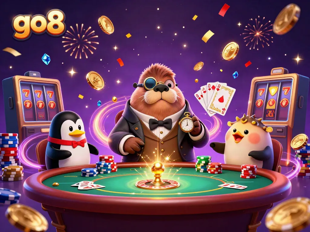 Go8's underwater poker scene featuring a walrus and dealer amidst dazzling casino elements