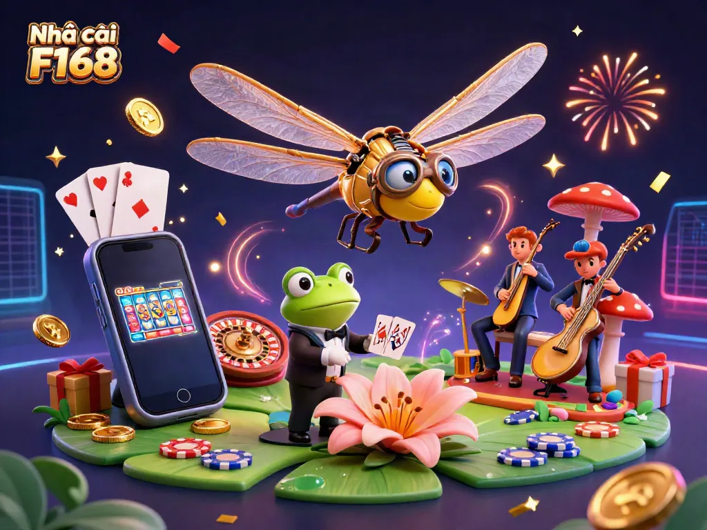 Nhà cái F168 showcases an exciting casino scene with vibrant characters and interactive gaming elements.