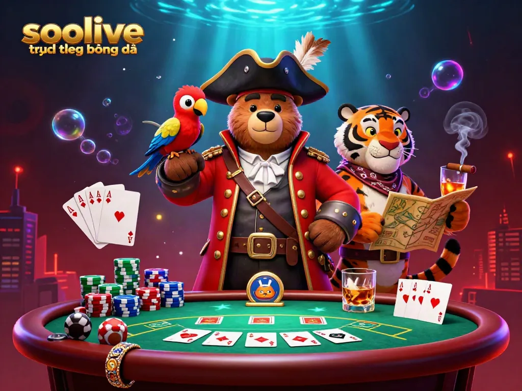 Socolive trực tiếp bóng đá captivating scene with a cartoon pirate bear, tiger, and parrot engaging in a poker game.