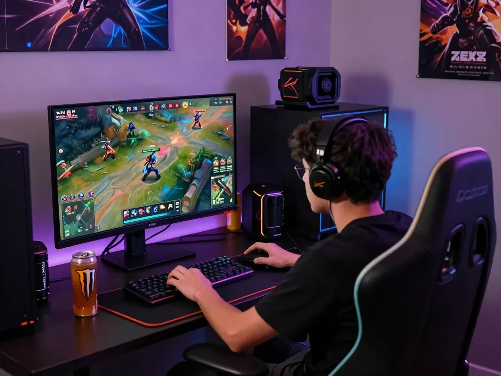 Engaged gamer on garuda404 platform in a futuristic setup surrounded by vibrant graphics and stats