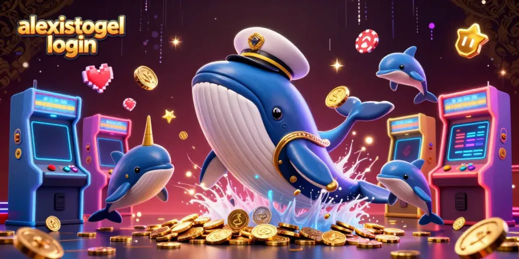Mengakses alexistogel login dengan ilustrasi paus 3D mengagumkan dan koin berkilau