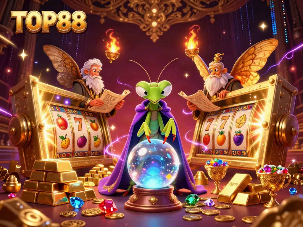 TOP88 fortune teller and librarian surrounded by vibrant slot elements, evoking luck and excitement.