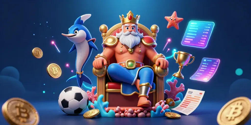 Engage with Tỷ lệ kèo in a vibrant underwater scene featuring Neptune, sports betting elements, and crypto coins.