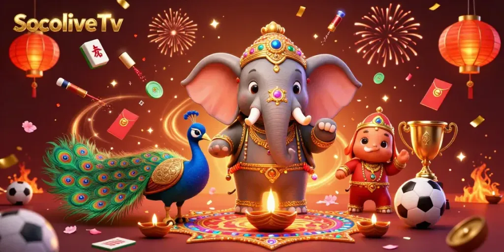 Join the excitement of SocoliveTv's sports betting with a vibrant 3D elephant and peacock illustration.