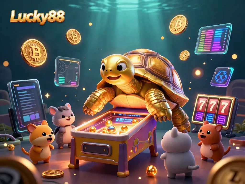 Experience the thrilling action of Lucky88's golden tortoise arcade in this vibrant casino illustration.