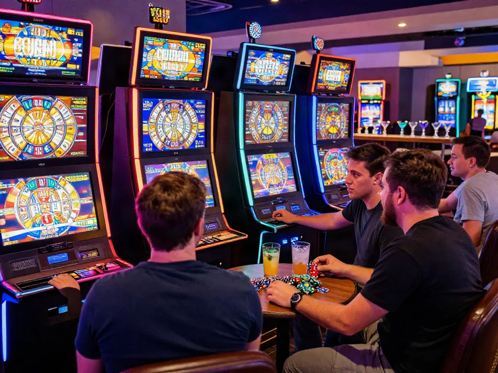 Players enjoying vibrant slot machines in a lively casino environment.