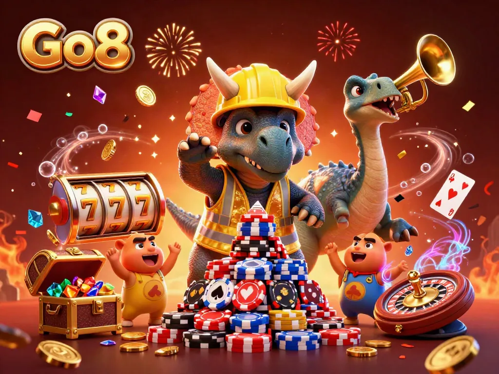 Go8 celebrates with a vibrant 3D scene of cartoon dinosaurs building poker chip towers and spinning slot reels, embodying an exciting casino atmosphere.