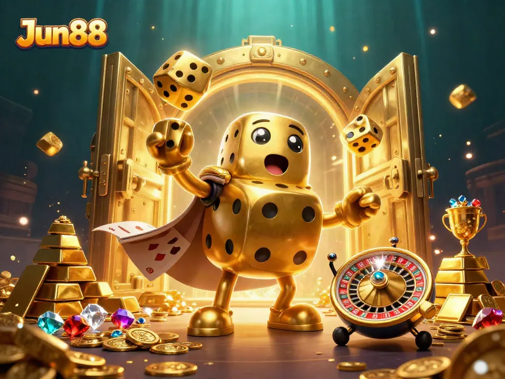 Experience the thrilling gameplay of Jun88 with dazzling golden dice and treasures in a lively casino scene.