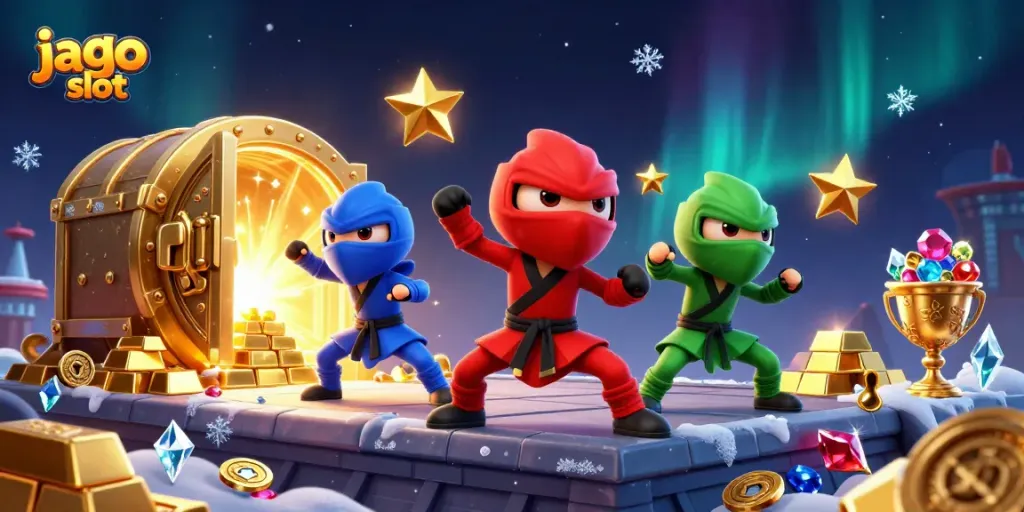 Grafis 3D jago slot menampilkan tim ninja chameleon melakukan aksi berani di kasino.