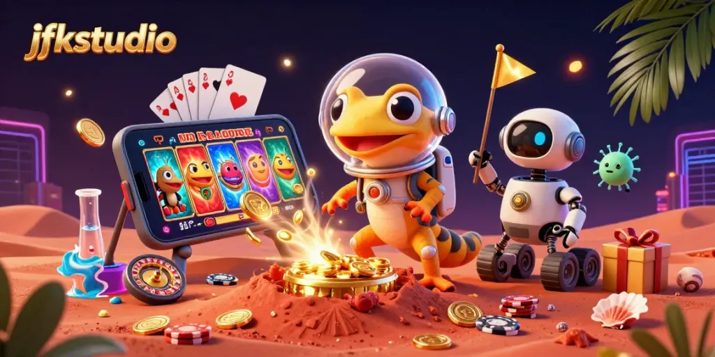Experience gaming excitement at jfkstudio with a Martian gecko discovering a golden casino.