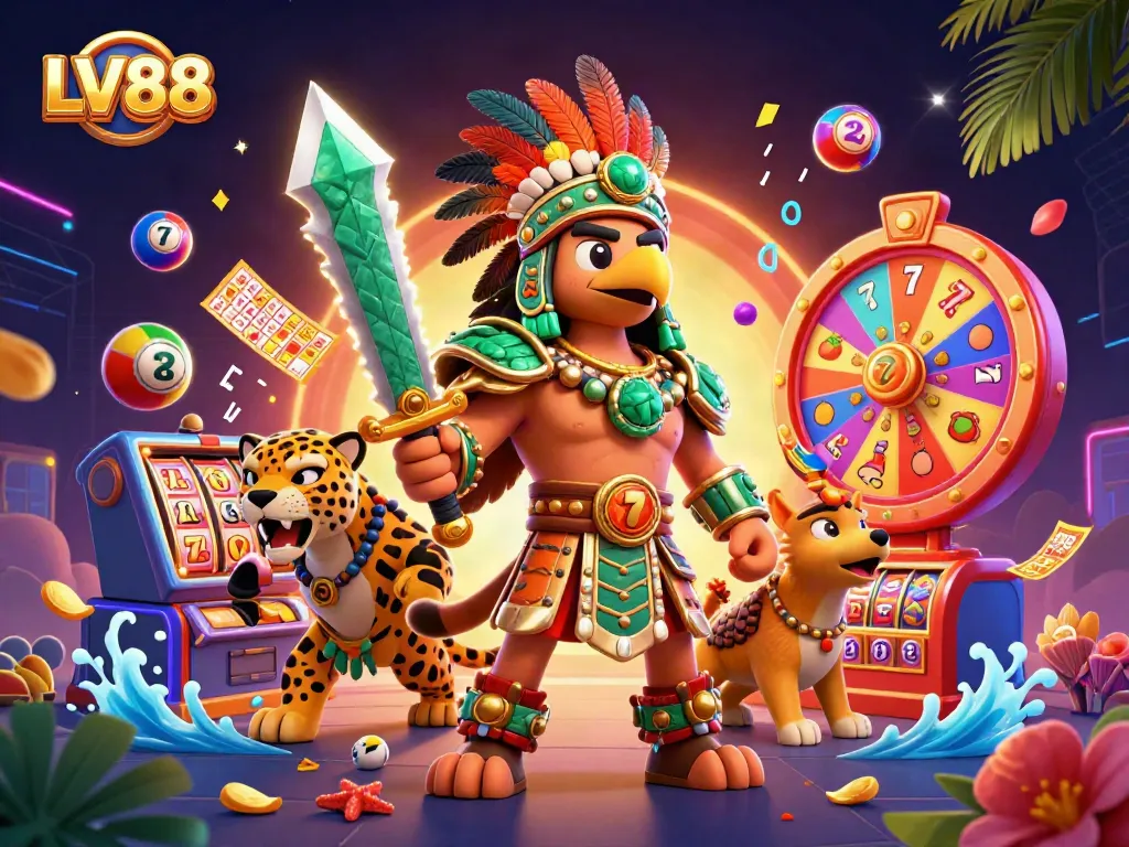 Engage in thrilling gameplay with LV88's Aztec warriors and colorful casino elements.