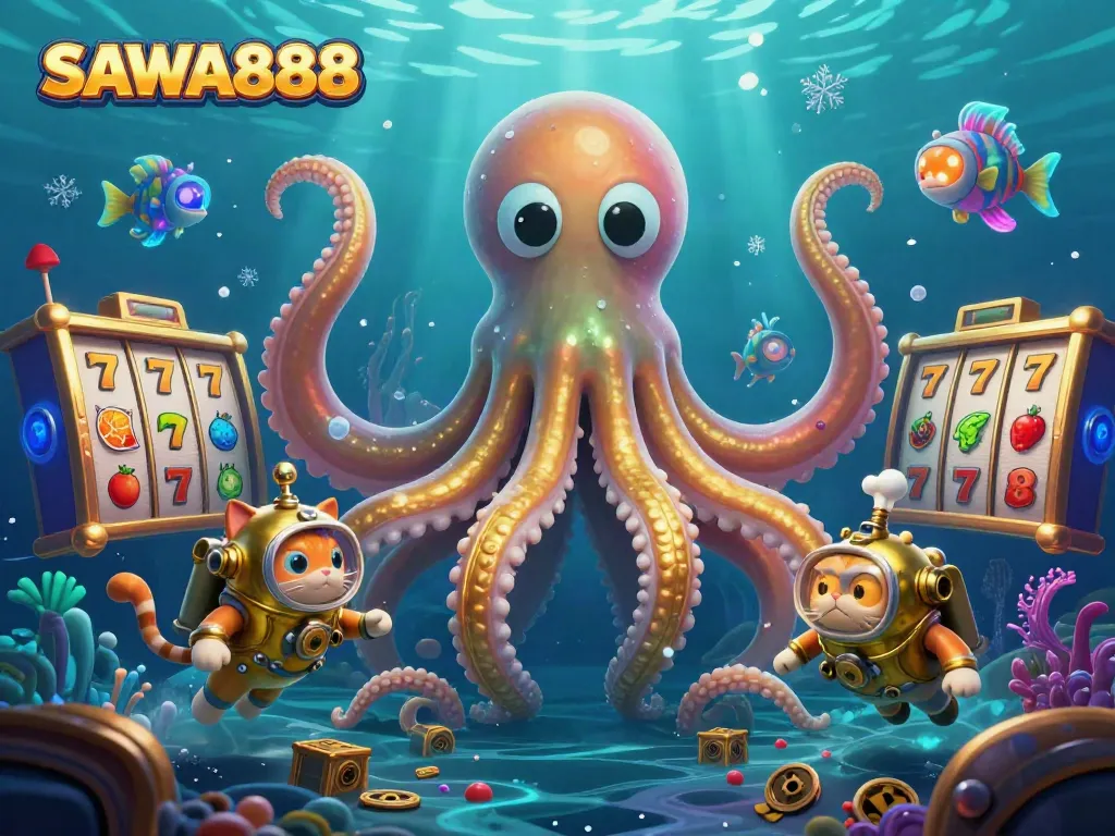 Engage with SAWA888's thrilling casino adventure featuring a kraken, diving cat, and slot elements.