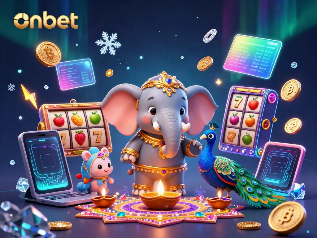 Engage with onbet's vibrant casino scene featuring a Diwali-themed elephant and peacock amidst slot game elements.
