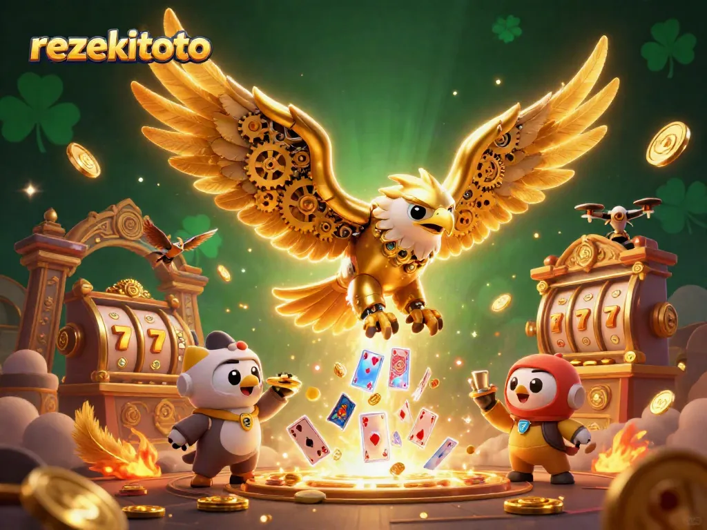 Engage with rezekitoto in this vibrant 3D illustration showcasing a cybernetic eagle amid a cascade of slot tokens and games.