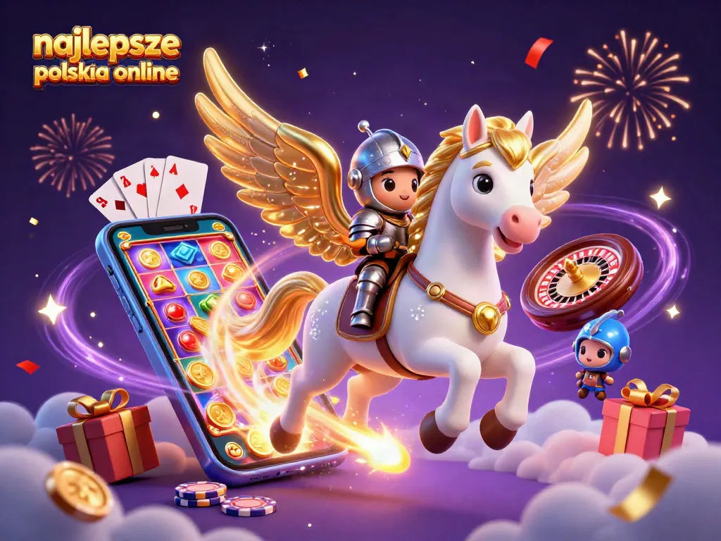 The captivating illustration of najlepsze polskie kasyna online showcases a celestial horse and knight amidst vibrant casino elements.