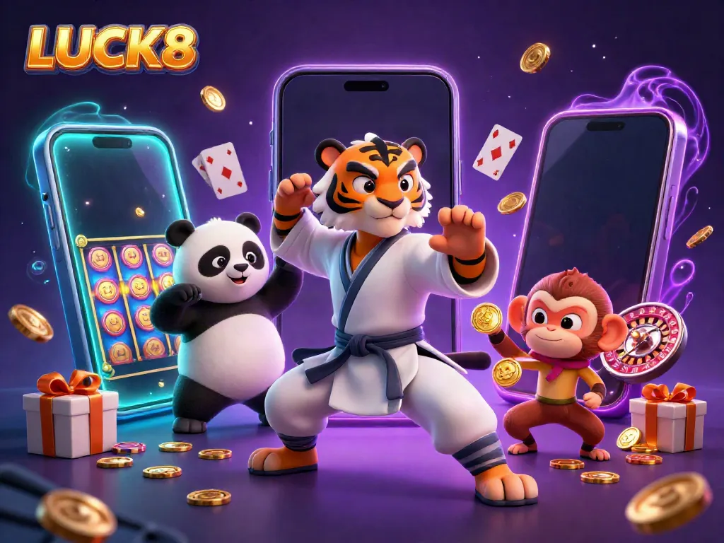 Experience winning excitement with LUCK8's dynamic casino games in a vibrant 3D illustration.