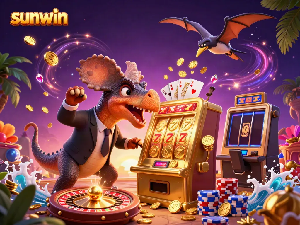 Experience a thrilling scene with sunwin as a pachycephalosaurus triggers a jackpot, coins cascade around the casino
