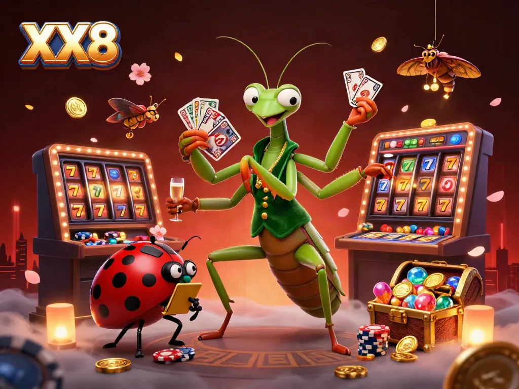 Experience winning with XX8's vibrant casino scene featuring a giant praying mantis card sharp and dynamic gaming elements.