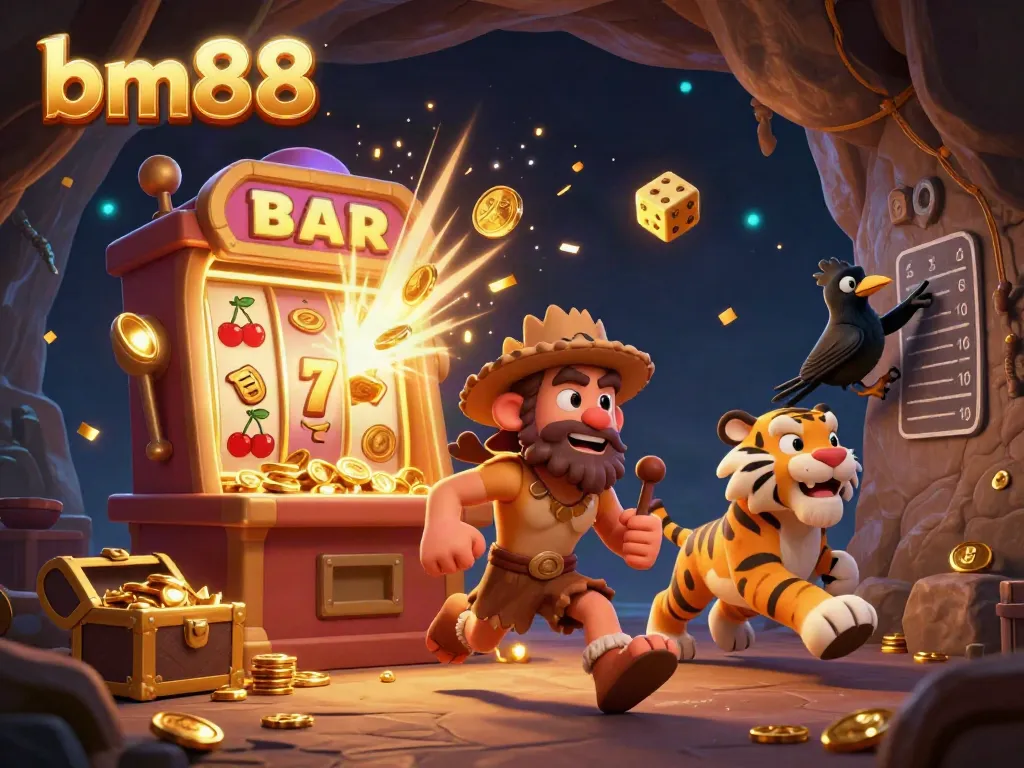 Experience the excitement of bm88 in a vibrant prehistoric casino scene featuring unique characters and dynamic gambling elements.