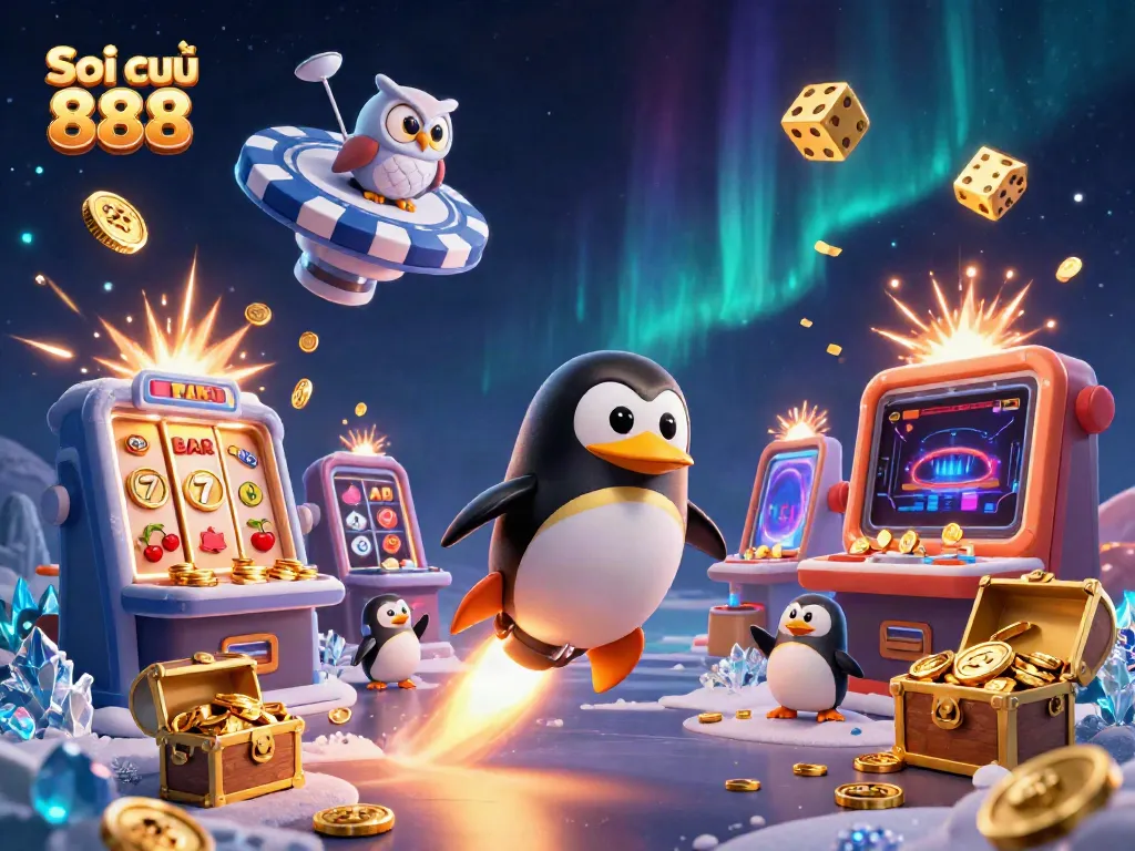 Soi cầu 888 showcases a vibrant 3D illustration of a penguin racing towards a casino chip amid casino-themed elements.