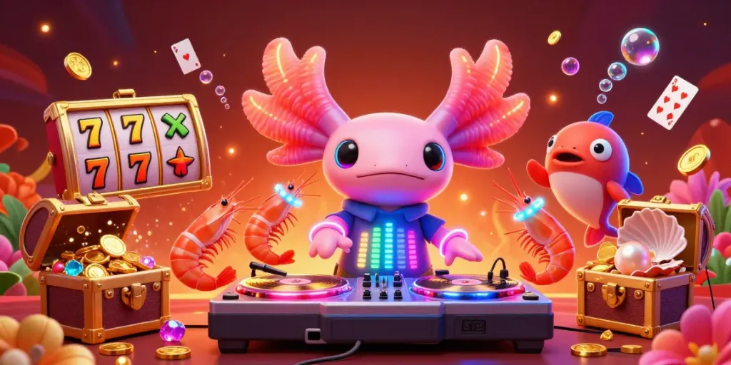 8xbet's dynamic casino scene showcases a colorful underwater DJ party featuring slots, jackpots, and vibrant characters.
