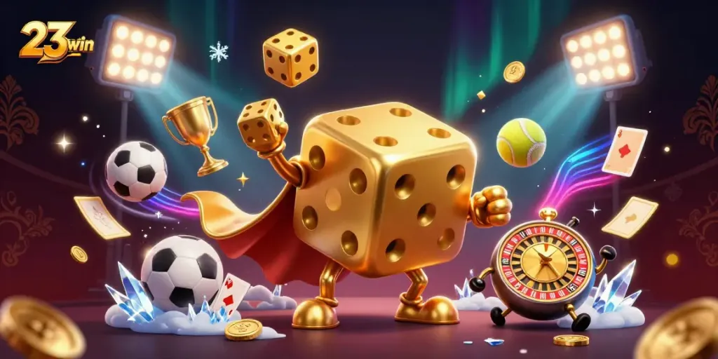 Engage with 23win's thrilling gaming atmosphere featuring dynamic characters and vibrant sports elements.