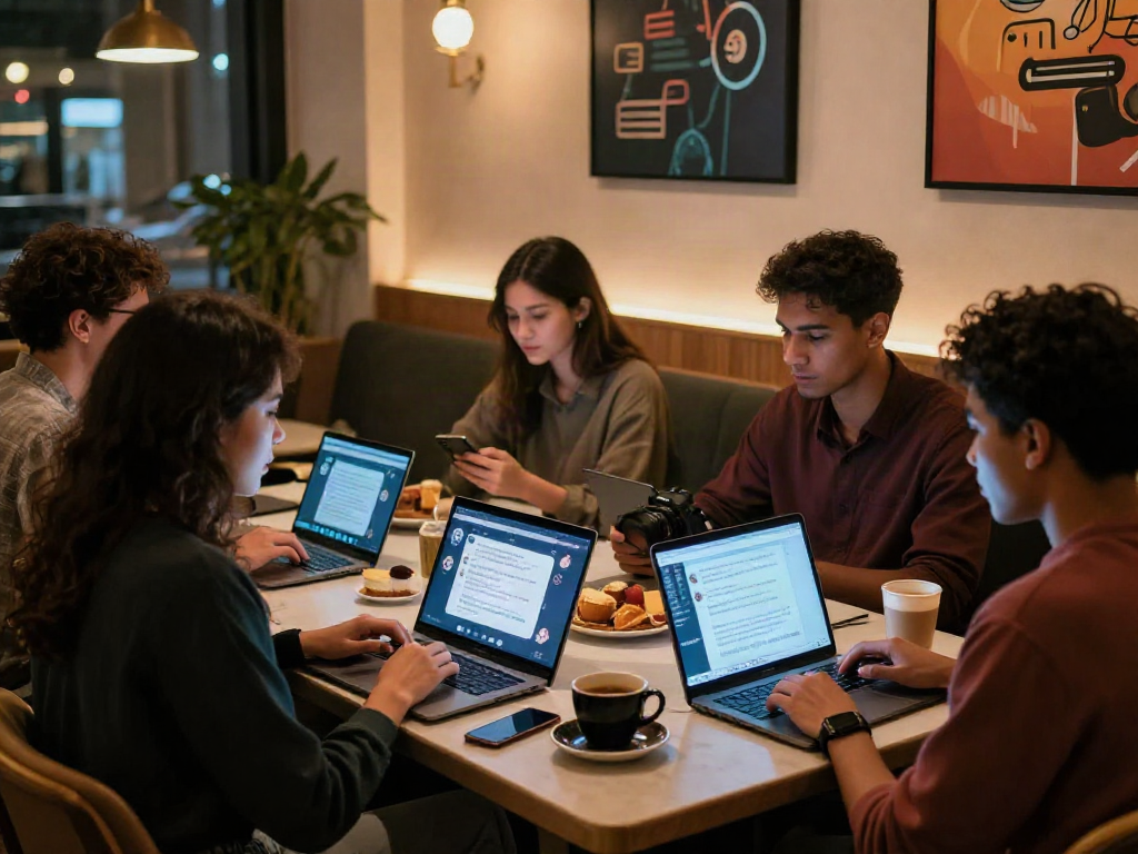 Engaging scene with individuals exploring ai chat nsfw interactions in a cozy café environment, showcasing vibrant dialogues.