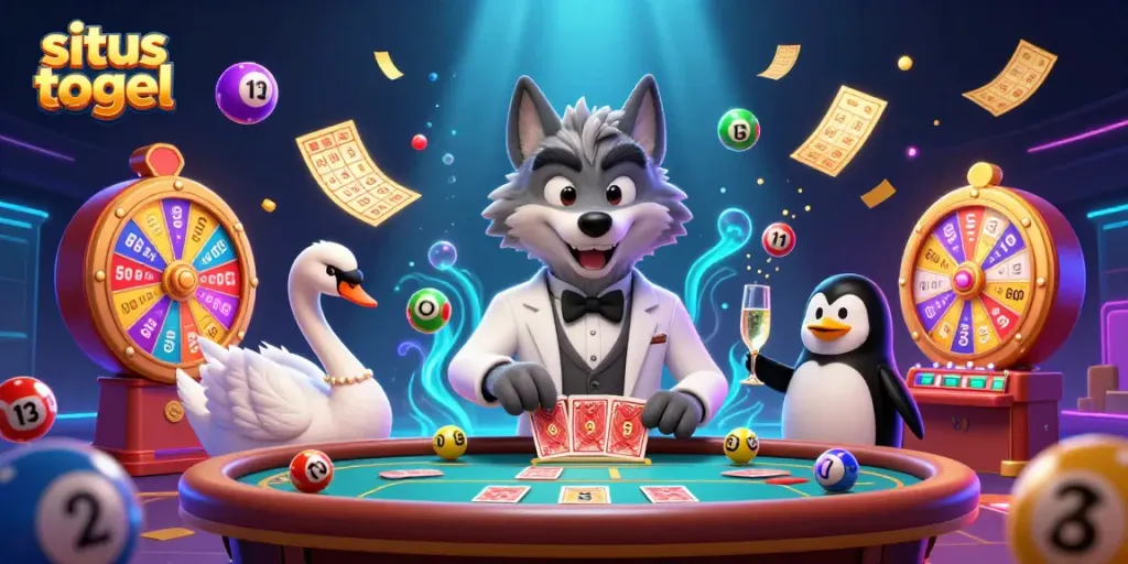 Experience the thrill of situs togel with vibrant lottery elements surrounding a debonair wolf and friends.