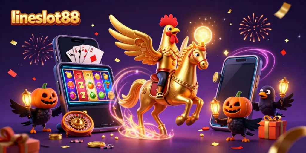 Engage in thrilling adventures with lineslot88 as the golden rooster rides through a vibrant midnight casino, surrounded by festive elements.