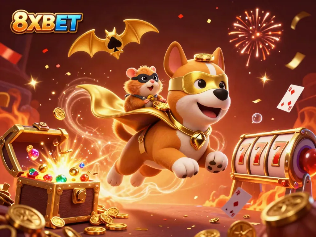 Join the 8XBET adventure with a superhero dog and hamster amidst exploding treasures and slot game excitement!