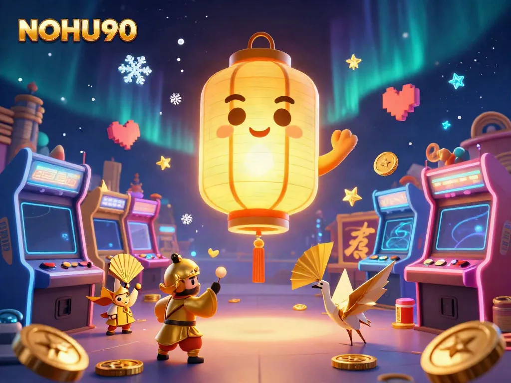 Experience the thrill of NOHU90 at a magical casino night with vibrant game elements and lucky symbols.