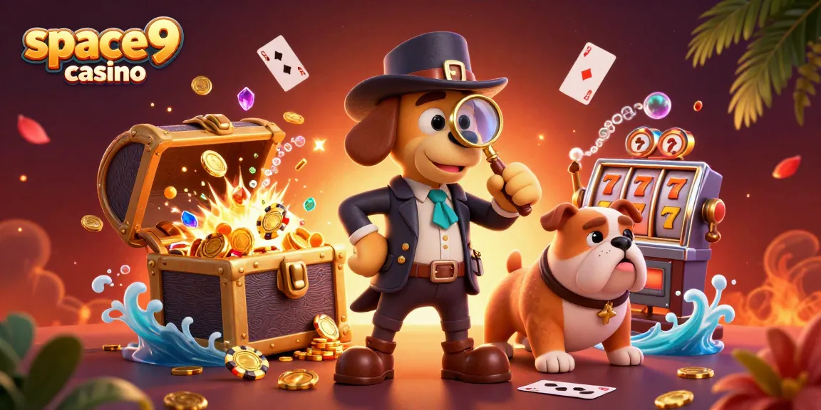 Explore the thrilling space9 casino experience with a vibrant 3D detective scene examining poker chips.