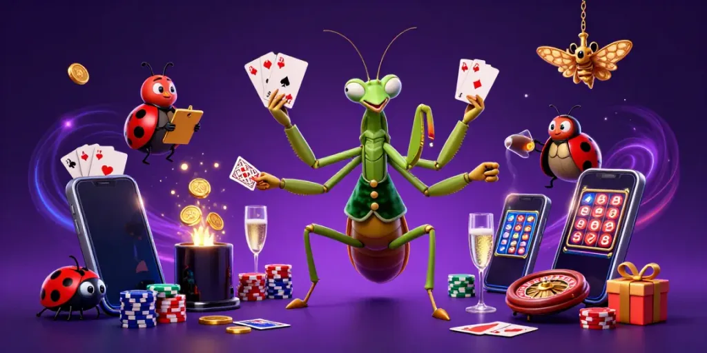 Experience thrilling casino action with s8s through a vibrant 3D digital illustration of a giant praying mantis and friends.