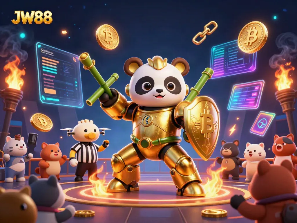 Experience exciting gaming at JW88 with a dynamic 3D illustration showcasing a golden panda in a mecha robot, surrounded by cryptocurrency elements.