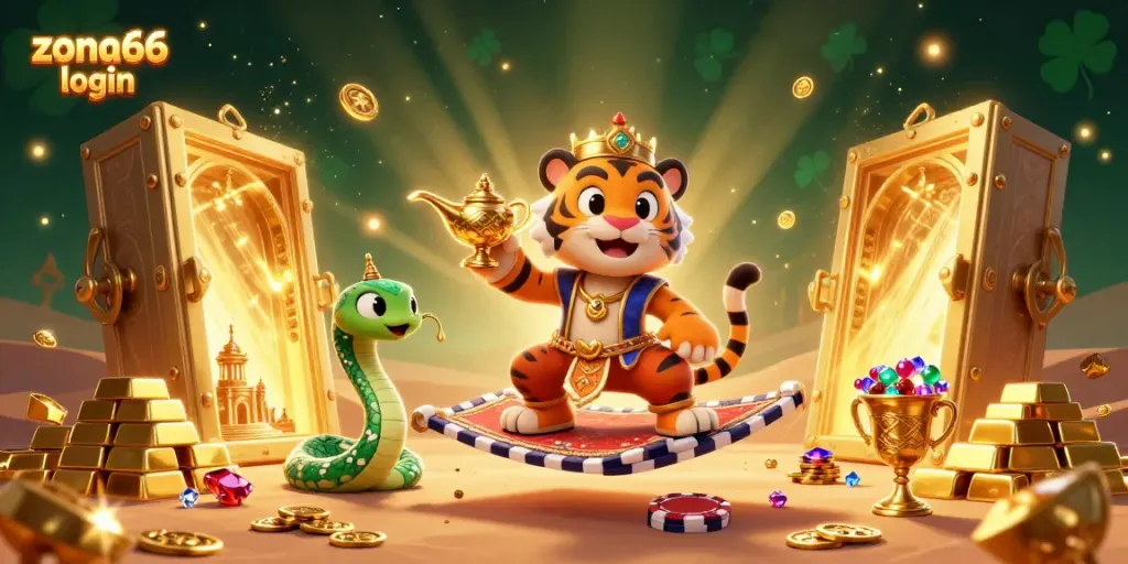 Join the adventure with zona66 login, featuring a sultan tiger and magical genie in a dazzling casino-themed scene.