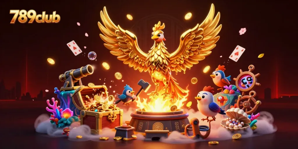 Experience thrilling gaming action with 789club's molten golden phoenix and treasure elements in stunning 3D illustration.
