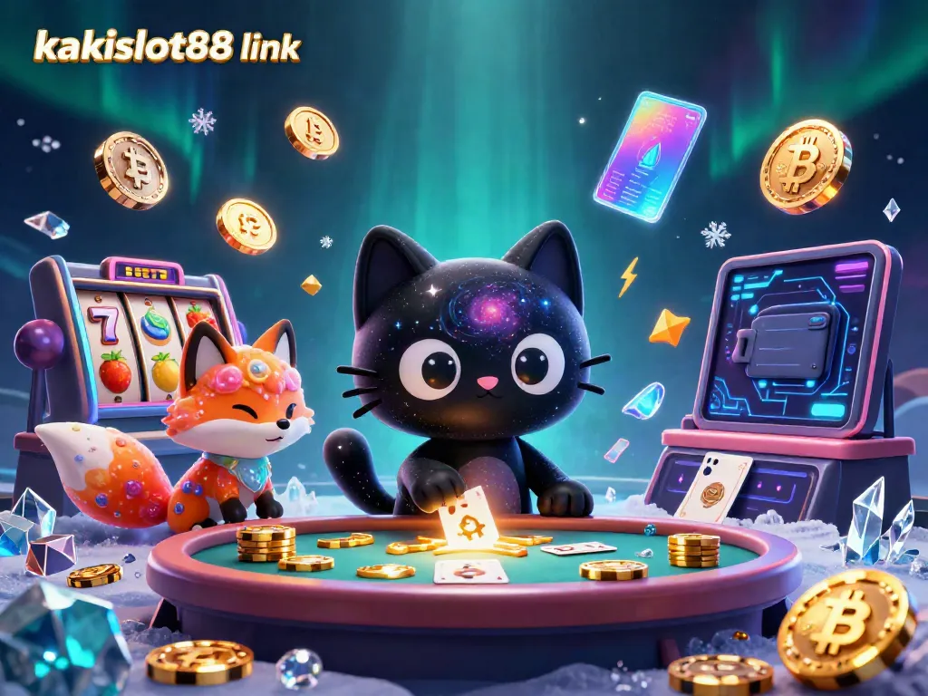 Link Kakislot88, gambar dinamis menunjukkan slot dan kucing hitam kosmik menarik chip emas di kasino.