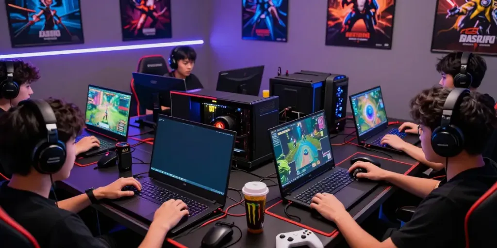 Players immersed in online gaming on laptops showcasing tusuk88 game graphics in a vibrant setup.