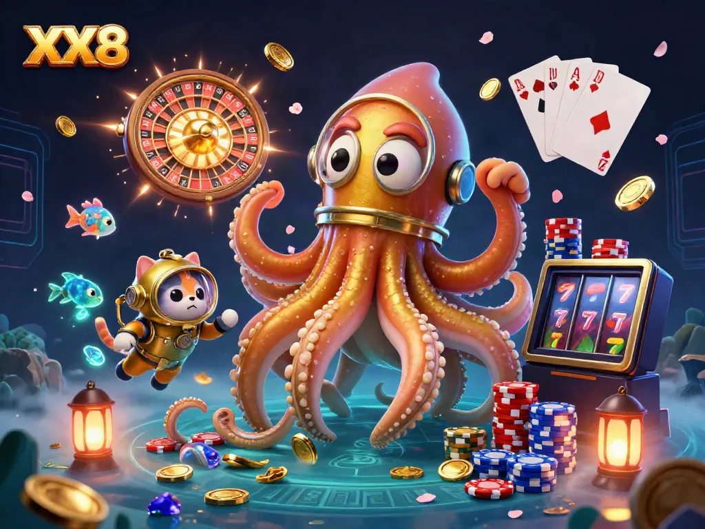 Experience exciting casino action with a colossal kraken and diving cat in a vibrant XX8-themed scene.