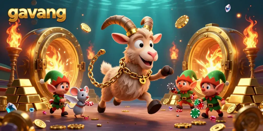 Experience the thrill of gavang with a festive casino scene featuring a Krampus goat, angel mouse, and naughty gremlins.